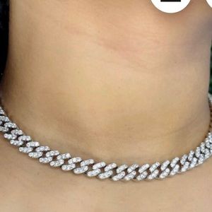 Cuban Curb Link necklace 17” handcrafted 925 SS,Rhodium Plated, moissanite.